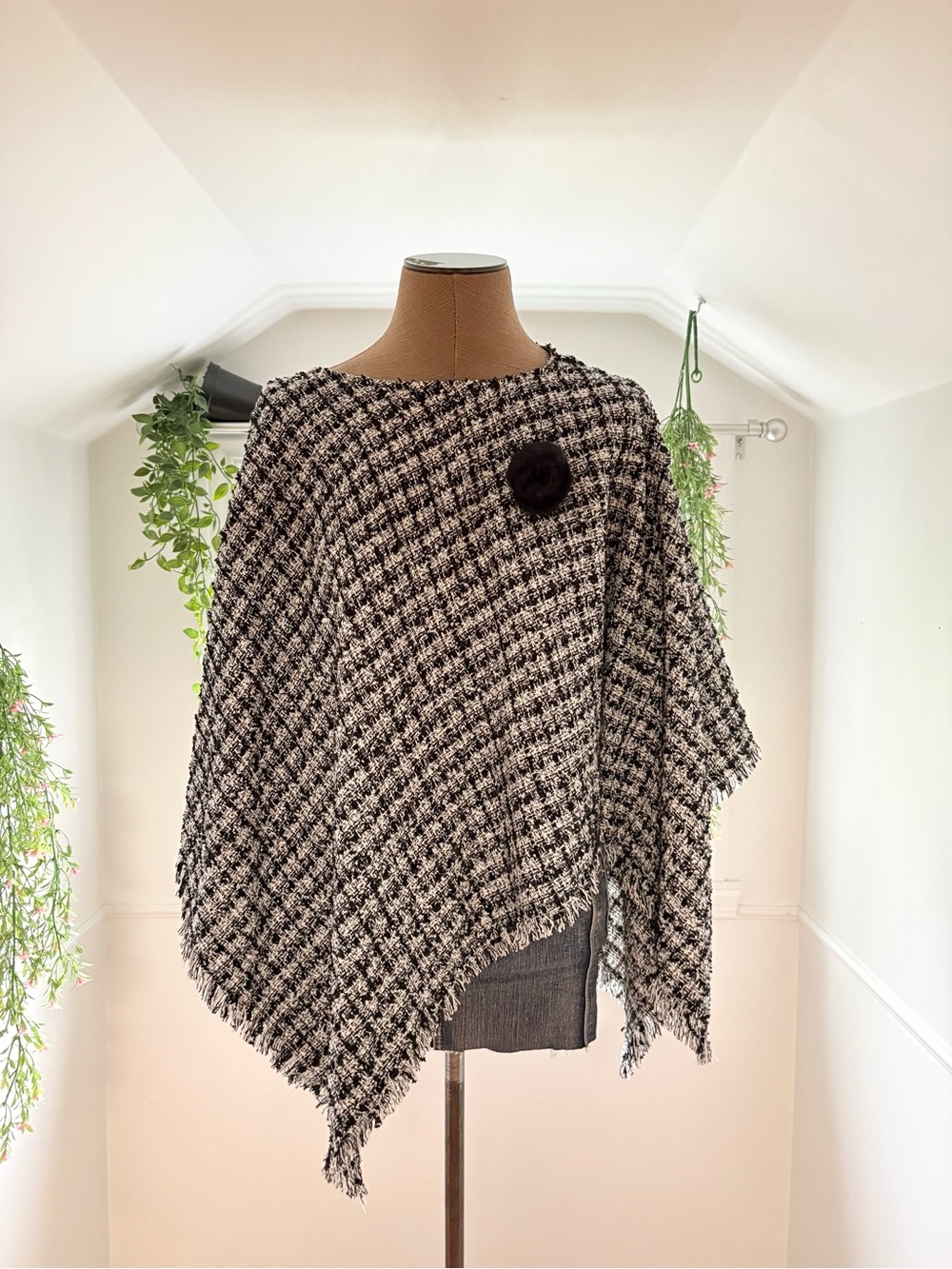 Black & White Houndstooth Poncho Sweater with Brooch